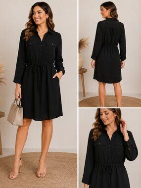 Ann Taylor LOFT Women's Black Shirt Drawstring Waist Dress - Size 0